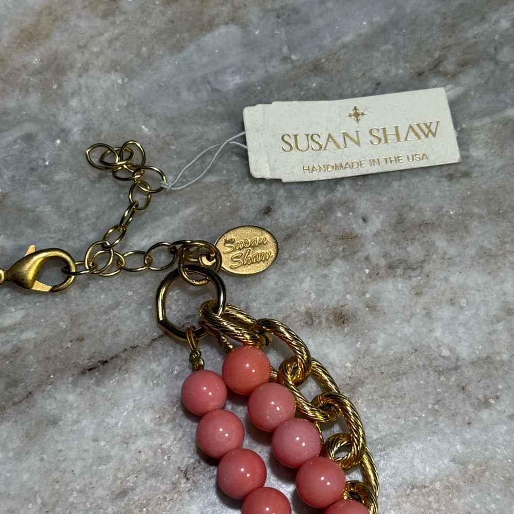 NWT SUSAN SHAW Pink and Gold Beaded Oyster Necklace - Picture 3 of 6